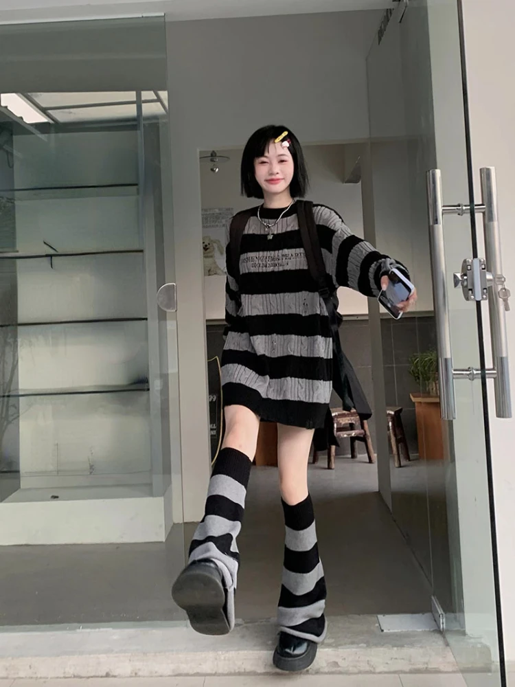 KOSAHIKI Gothic Sweaters Women Two Pieces Set Harajuku Knitted Striped Jumper + Leg Warmmer Y2k Aesthetic Grunge Tops Streetwear