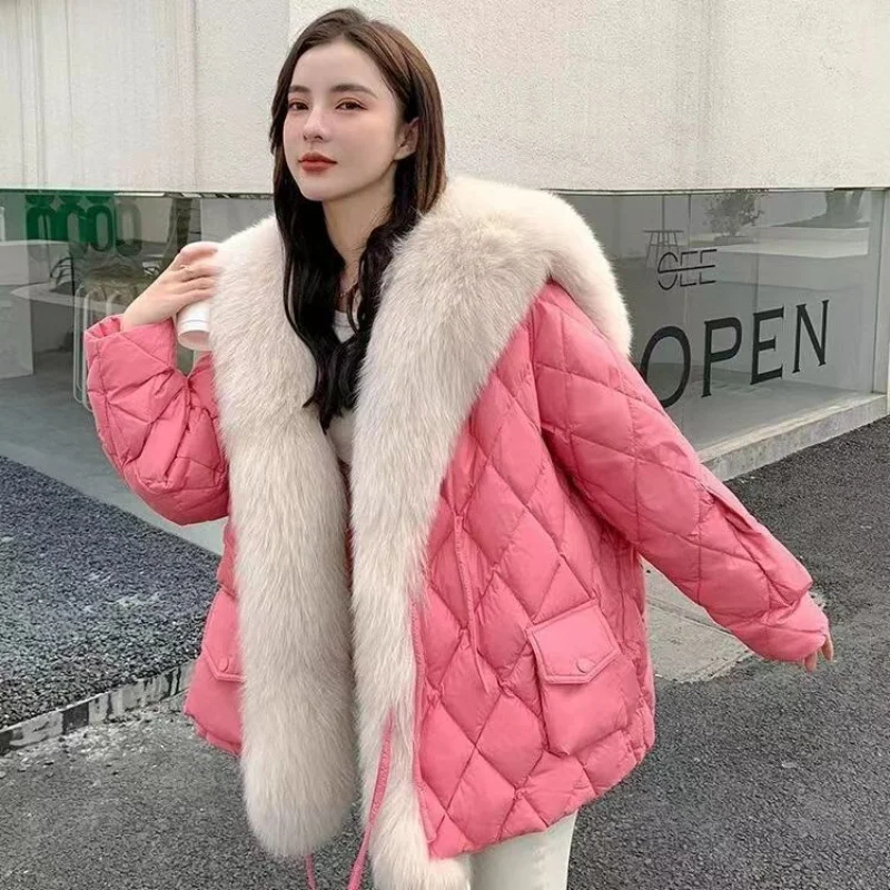 2024 Winter New Women Big Luxury Faux Fox Fur Collar Coat Fluffy Loose Puffer Jacket Feather Female Parka Snow Outwear Windproof