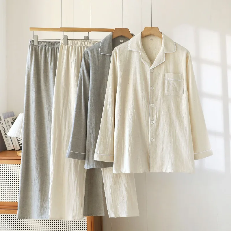 2026 New Spring and Autumn Men's Pajama Set Cotton Hemp Long Sleeve Pants Solid Color Loose Large Home Furnishing Set