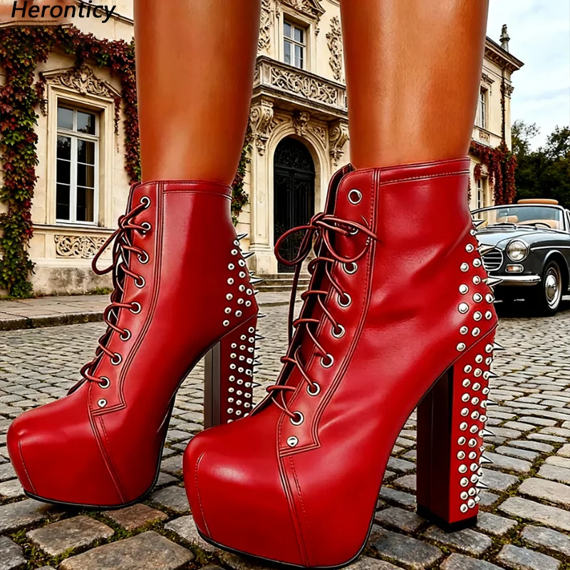 

Heronticy Handmad Black Handcrafted Spiked Platform Ankle Boots - Women's Leather Boots with Chunky Heel Size 5-20