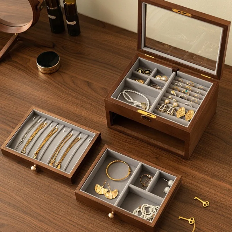 صندوق منظم مجوهرات كبير صناديق تخزين المجوهرات الشفافة قلادة حلقة القرط عرض حالة سيدة سوار قلادة الحالات