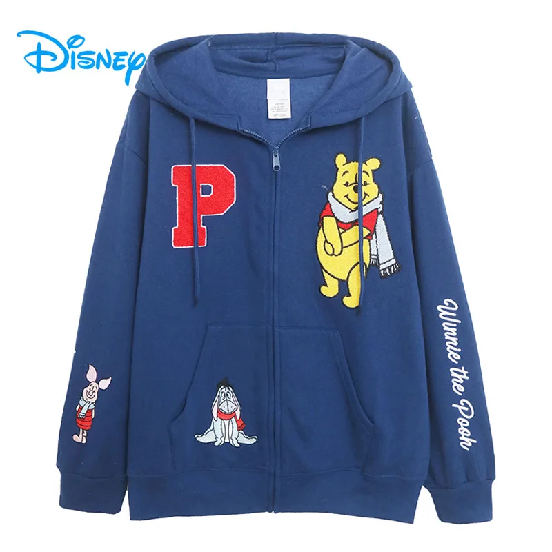 Disney Fleece Hooded Sweatshirt Winnie the Pooh Eeyore Piglet Embroidery Zip Up Hoodies Jacket Women Casual Cartoon Jumper Tops