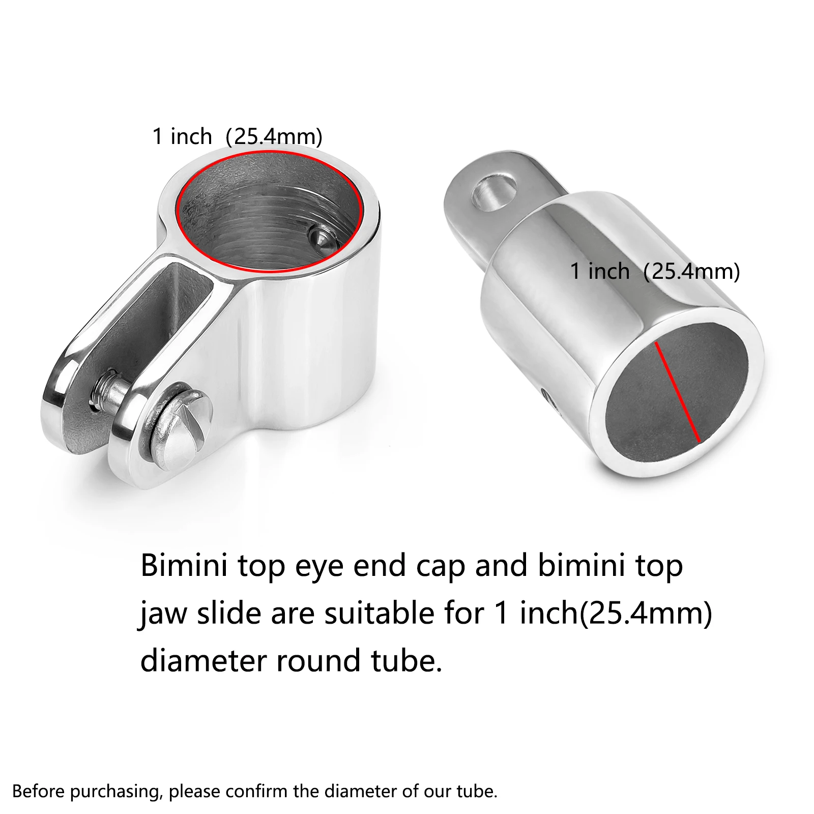 Bimini Top Fitting Hardware Set Fits 1 Inch /25 MM OD Round Tube, Boat Jaw Slide, Cap Eye End, Deck Hinge(3 Piece Combination)