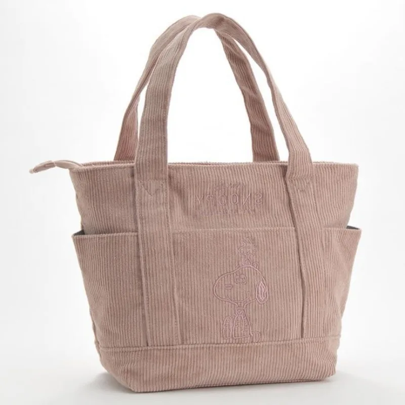 2026 New Peanuts Snoopy Corduroy Tote Bag for Women Embroidered Cartoon Handbag Beige Multi-pocket Bag Casual Daily Shopping Bag