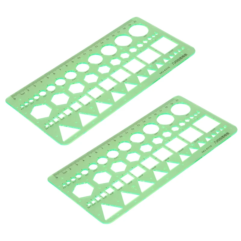 2X Green Plastic Circles Squares Hexagons Geometric Template Ruler 0-20Cm