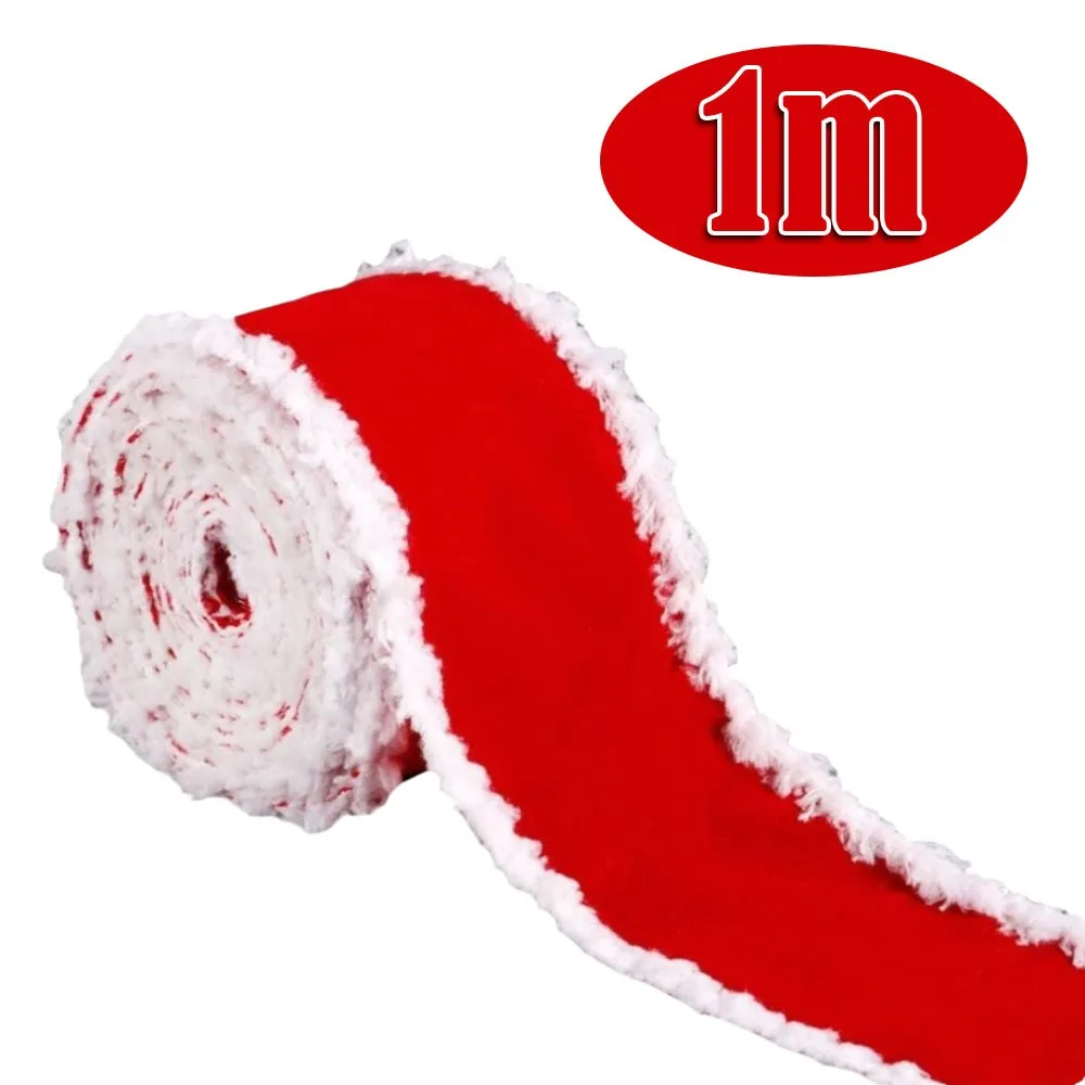 Portable 1/5m Christmas Red Ribbons DIY 5cm Wide Christmas Tree Ribbon White Fur Edge Wreath Bows Christmas