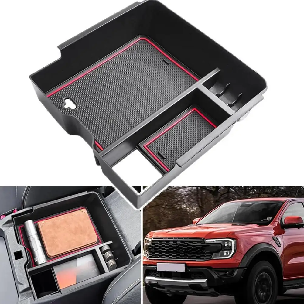 Car Armrest Storage Box Tray Console Organizer Holder For Ford Ranger Everest 2023 Electric Handbrake Auto Interior Accessories