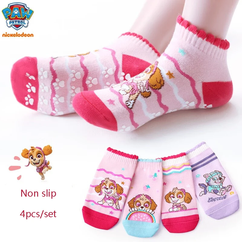 8PCS=4pairs Genuine Paw Patrol Kids Cotton Non Slip Sock Baby Socks Everest Skye Girl's Cartoon Model Children Indoor Sock