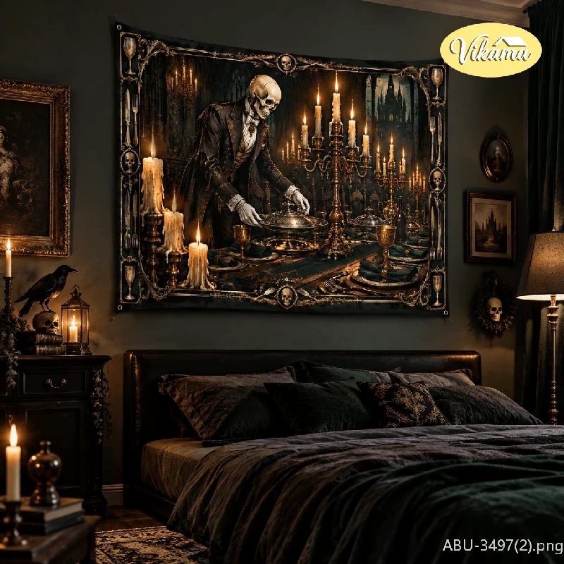 VIKAMA Gothic Christmas Butler Skull Tapestry Vintage Banquet Background Cloth Living Room Party Wall Decoration Room Decor