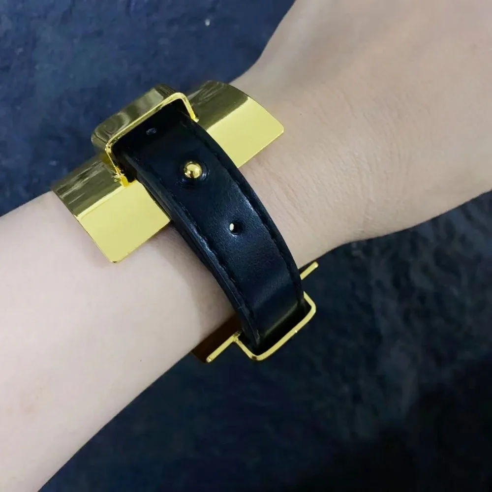 

Armlet Exaggerated Metal Bangle Golden Silver Belt Buckle Leather Bracelet Irregular Detachable Women Open Bangle Girls
