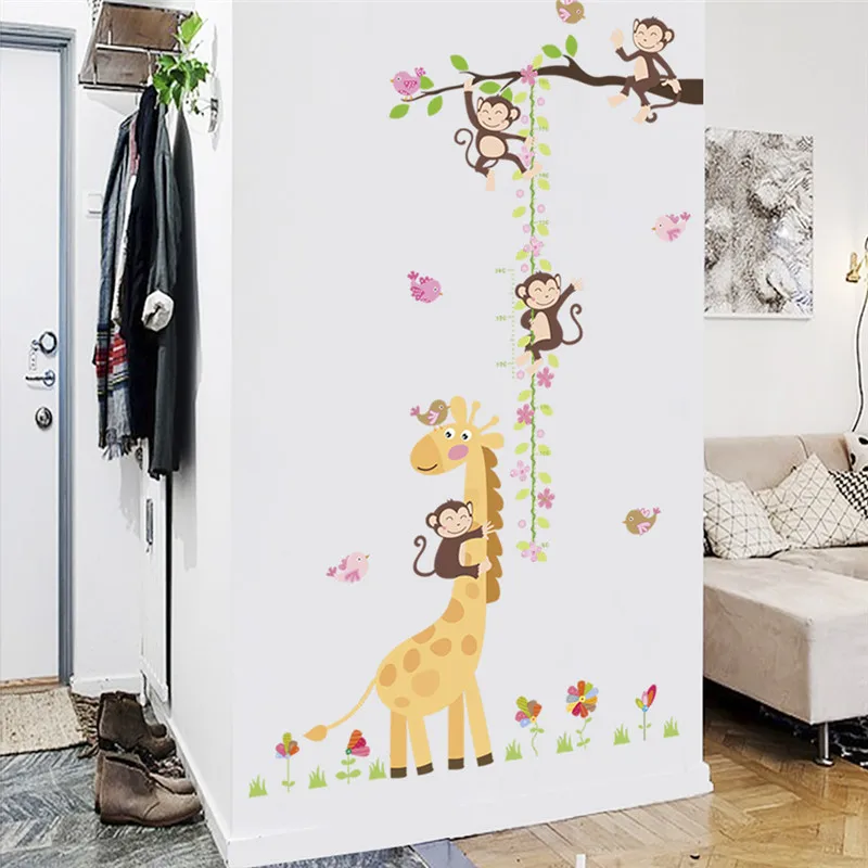 Cute Monkey Giraffe Birds Animal Growth Chart Wall Sticker Decal For Kids Room Kindergarten Home Decoration Safari Mural Art