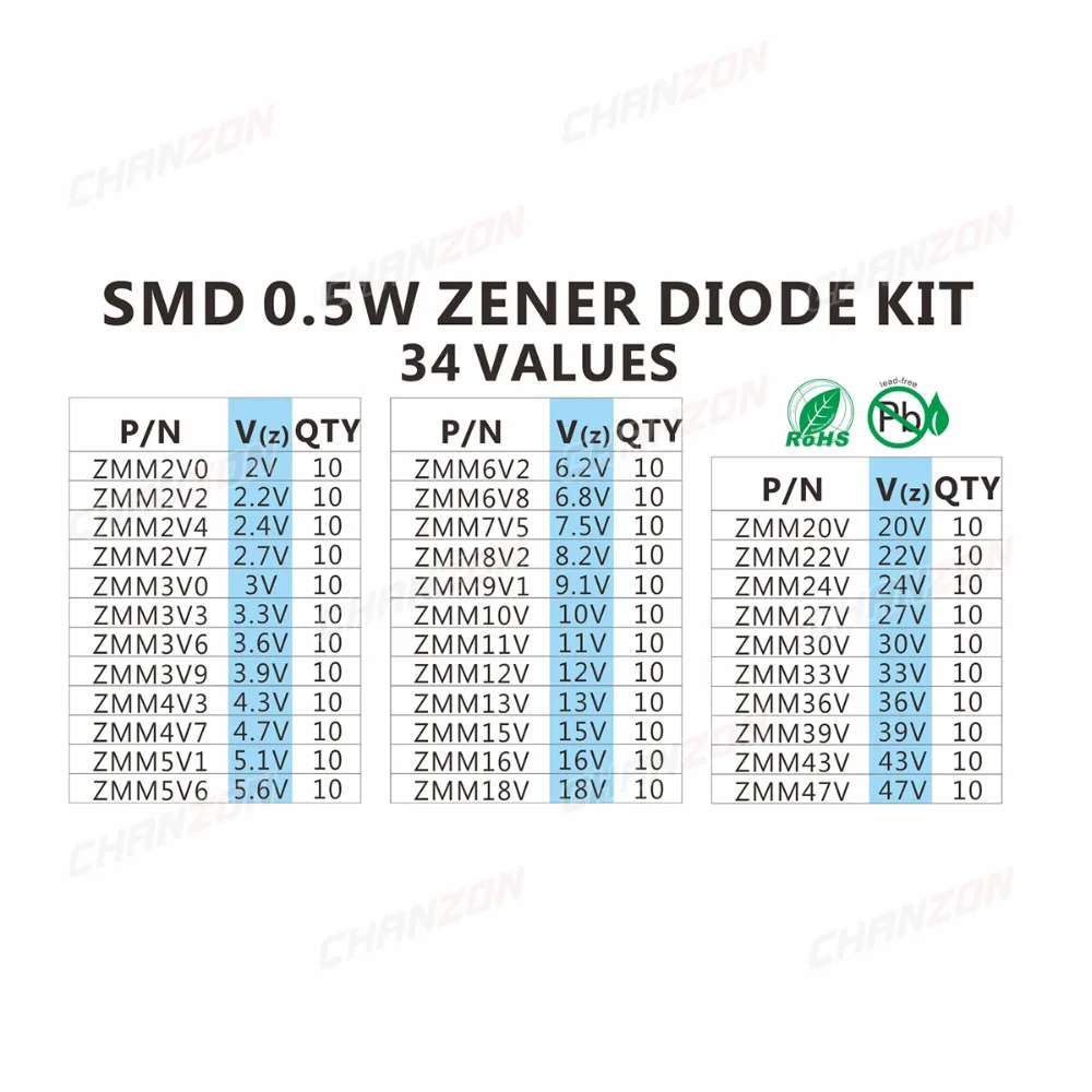 34 Werte 0,5 W SMD-Zenerdioden-Sortiment-Kit 2 V 3 V 3,3 V 3,6 V 5,1 V 5,6 V 7,5 V 10 V 12 V 13 V 15 V 16 V 18 V 20 V 22 V 24 V 30 V 36 V 39 V 47 V