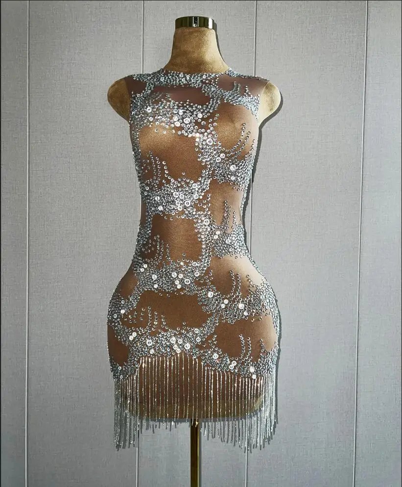 

Silver Rhinestone Fringes Transparent Dress Prom Wedding short Dress Birthday Celebrate Sexy Sleeveless Outfit lianhua