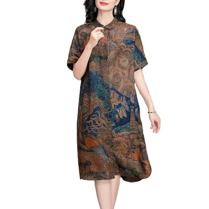 BirdTree, 100%Real Silk Watered Gauze Elegant Dresses, Women Short Sleeve Flower, Loose Temperament Dress, 2024 Summer D45747QC