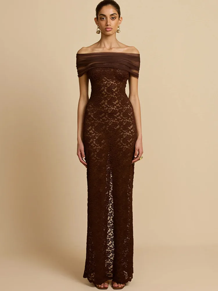 

Oniflyme Sexy Lace See Through Elegant Maxi Dress Women Slash Neck Off Shoulder Short Sleeve Backless Bodycon Dresses Partywear