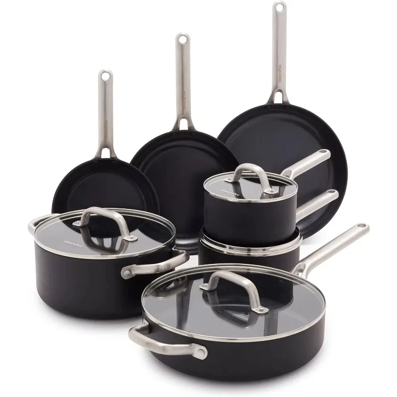 Hard Anodized Advanced Healthy Ceramic Nonstick, 11 Piece Cookware Pots and Pans Set with Glass Lids