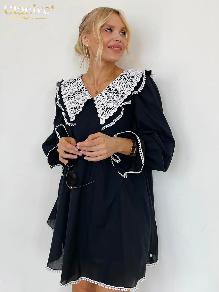 

Clacive Fashion Loose White Cotton Women's Dress 2026 Spring Lapel Long Sleeve Mini Dresses Elegant Classic Solid Female Dress