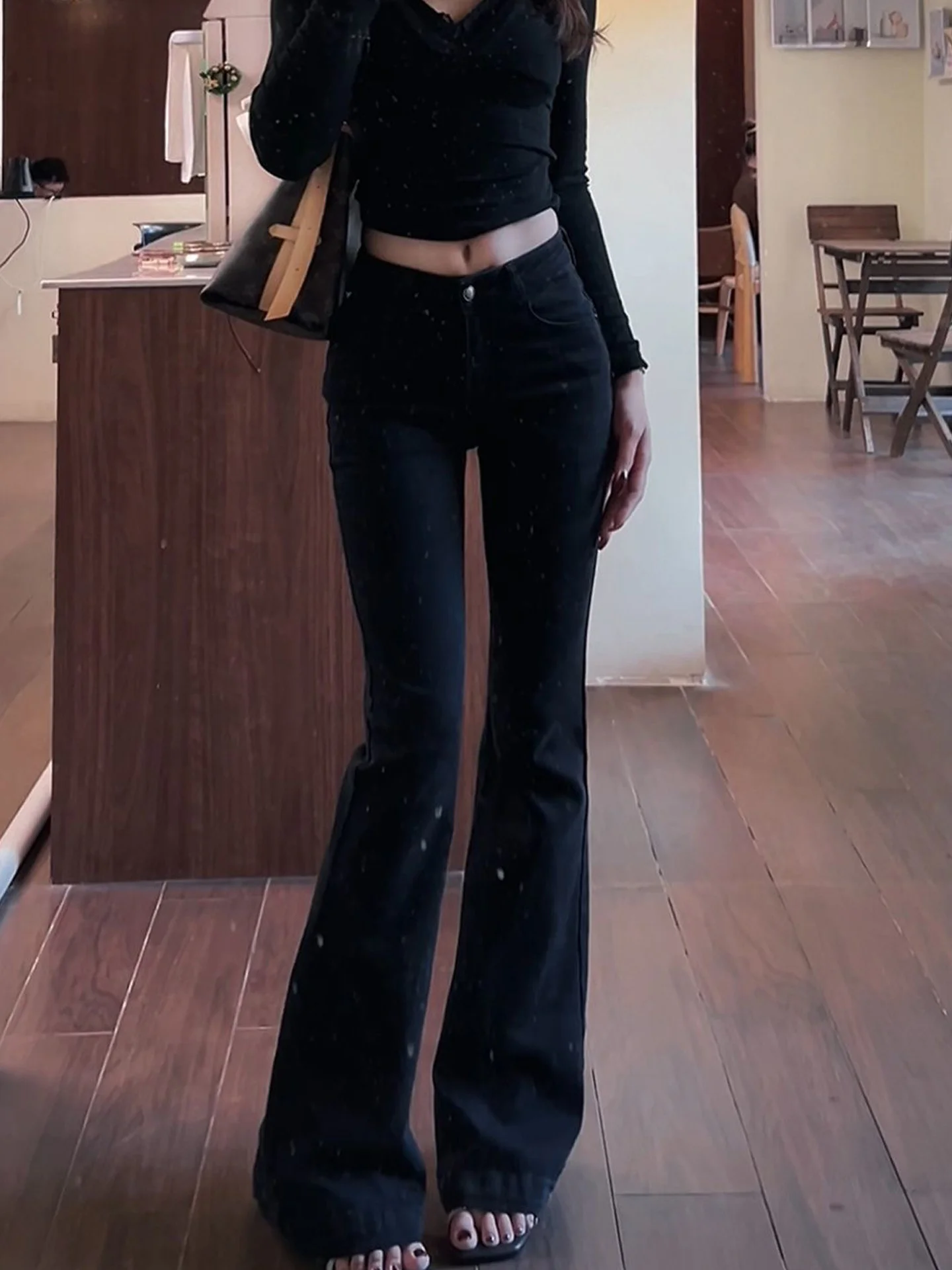 

Американские джинсы-клеш с высокой талией, облегающие, ретро, черные, женские, летние, сексуальные, с эффектом утяжки живота