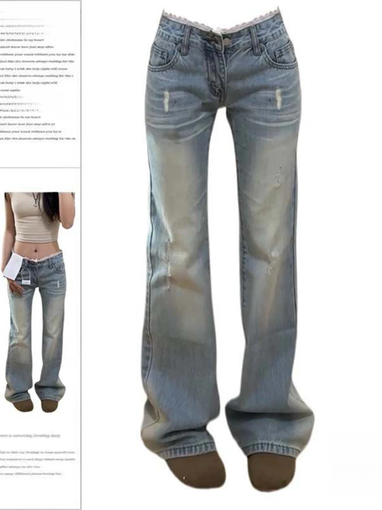 

Casual Waed Low Waist Bell Bot Jeans Women's Lace Patchwork Light Blue Slimming Versatile Casual Wide Leg Jeans