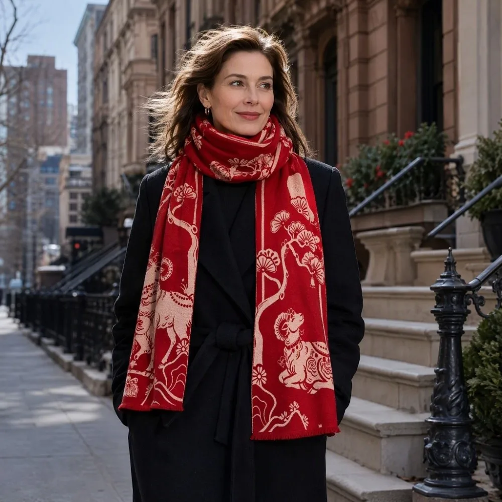 Lamb Cartoon Shape Chinese New Year Sheep Long Scarf Polyester Windproof Red Long Shawl Soft Thicken Long Turban