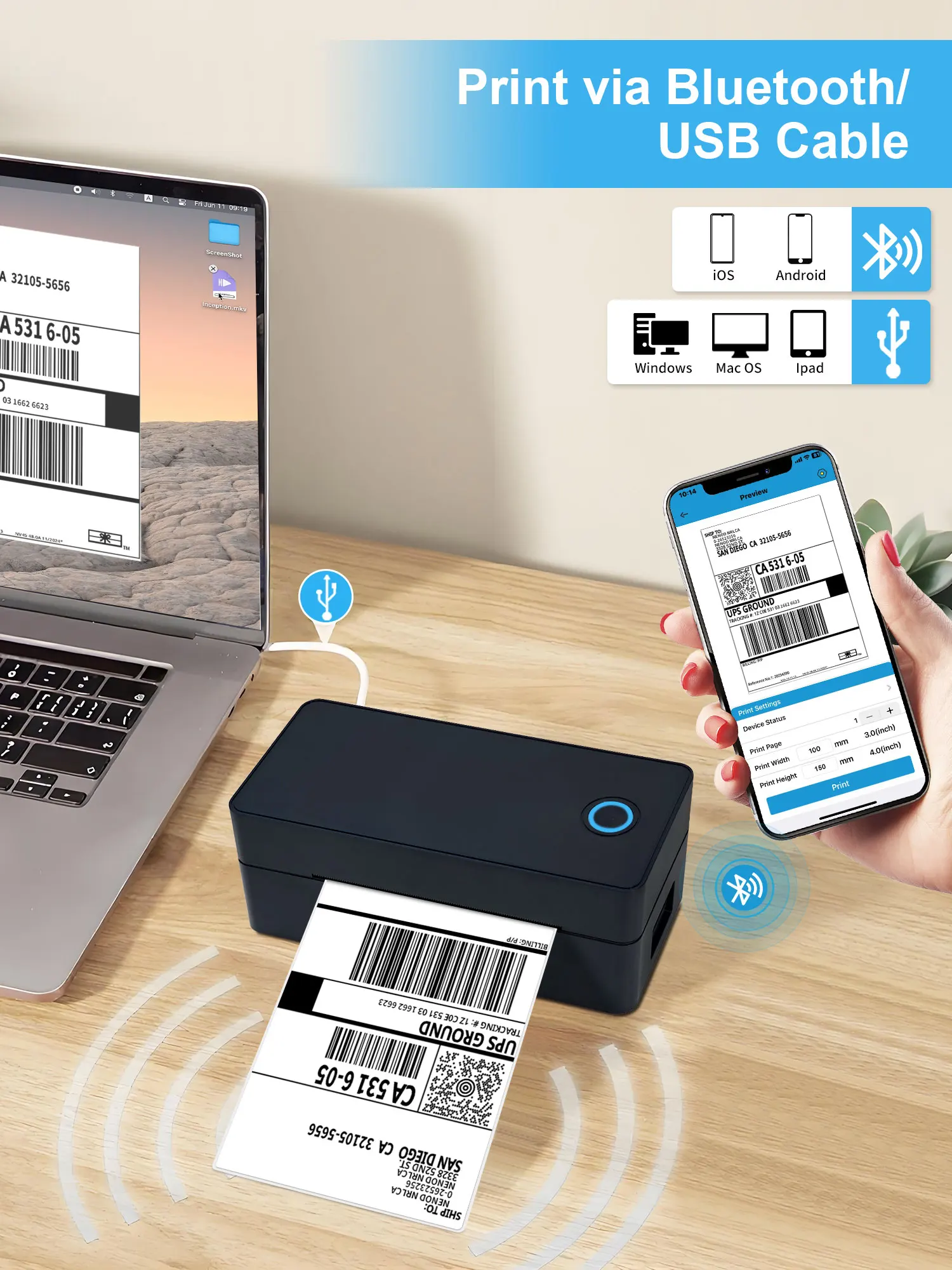 Draadloze Bluetooth Thermische Desktop Verzendlabelprinter 4x6 Ondersteuning Android Mac iPhone Windows - Verzendlabelprinter - afbeelding 2