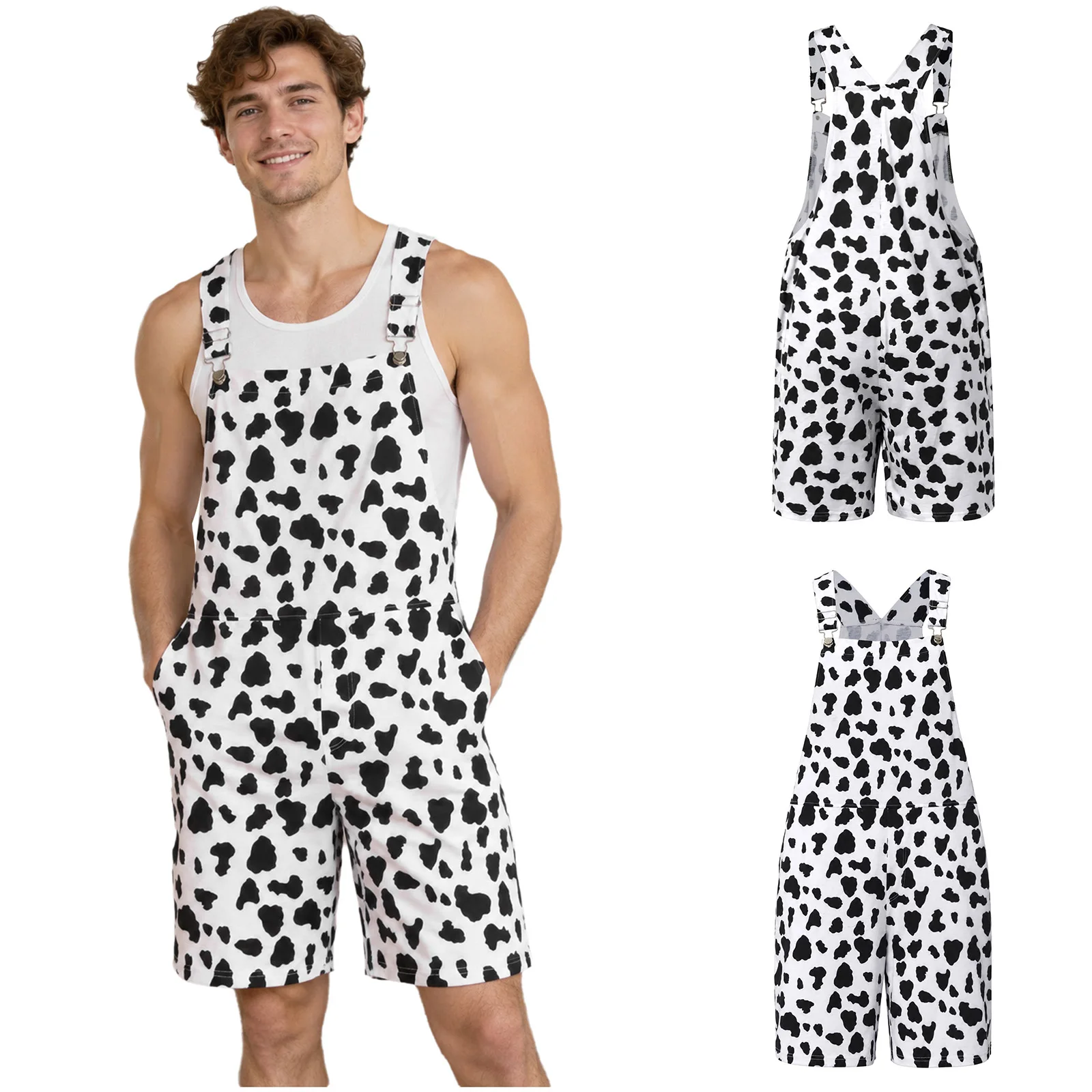Men Casual Cow Printed Bib Overalls Rompers Adjustable Shoulder Straps Thigh Length Jumpsuit with Pockets for Holiday Outings