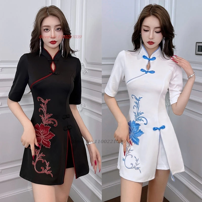 

2024, китайское банкетное платье Ципао, улучшенное платье Cheongsam с национальной цветочной вышивкой + шорты, комплект для отеля, спа-работки, платье для ночного клуба