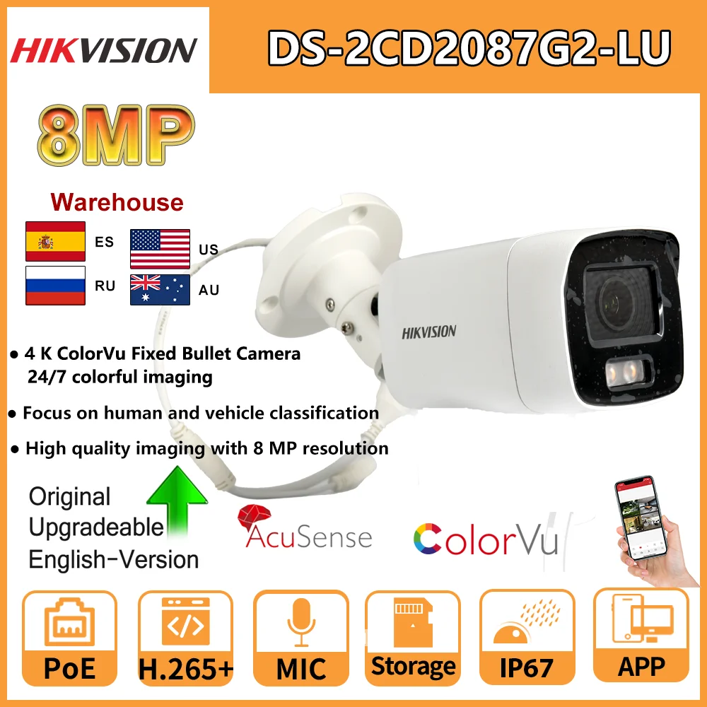 HIKVISION IP 카메라, 4K ColorVu 불릿 24/7, 다채로운 이미징, 풀 컬러 DS-2CD2087G2-LU PoE 내장 마이크 비디오 감시, 8MP