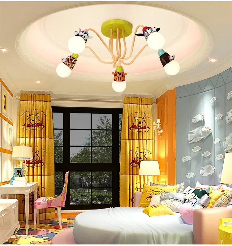 Cartoon Brief ABS lampada a sospensione con pannello in metallo con teste di animali Droplight Mokey Girraf Zebra Led E27 per la stanza dei bambini