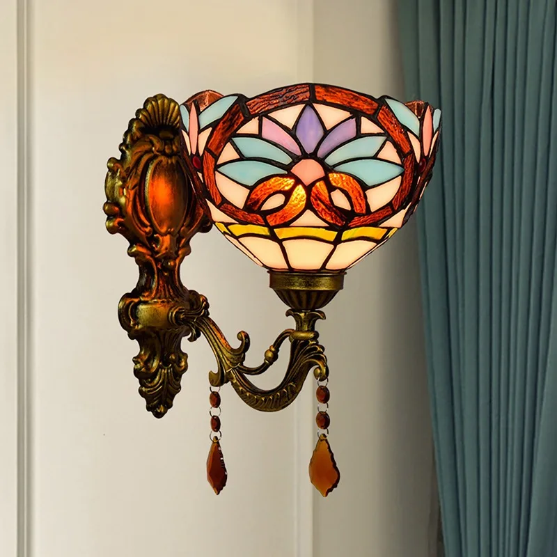 

Tiffany Baroque Retro Mirror Headlight Euro-American Style Pastoral Crystal Bedside Wall Lamp Aisle Mediterranean Light