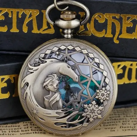 Anime Girl and the Flying Dragon Quartz Pocket Watch Color Dial Skeleton Fob Watches Friend Children Gift Clock Necklace Chain