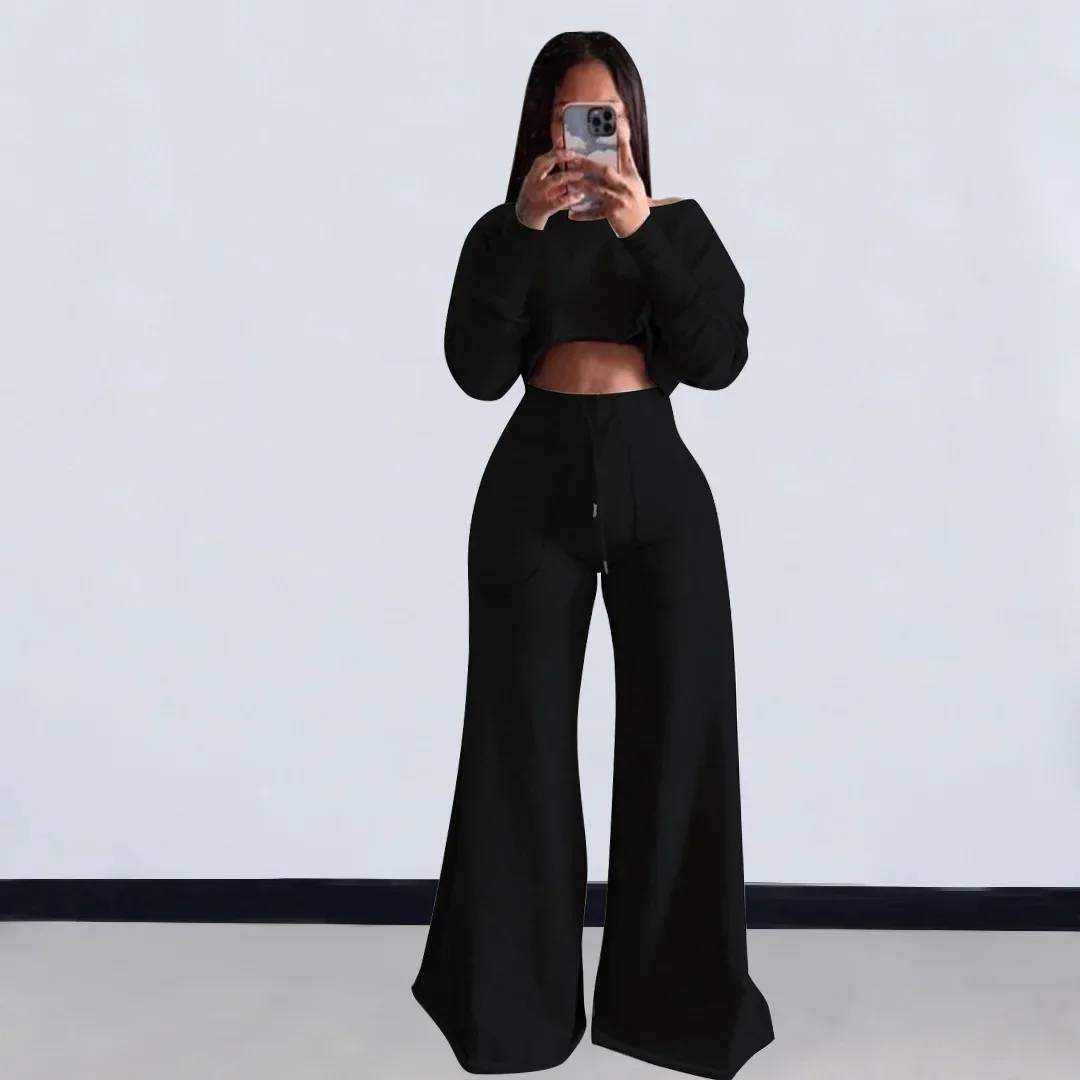 Women Pant Set Two Piece Sets Round Neck Full Sleeve Casual Loose Elegant Splice Tops Wide Leg Long Pants High Elastic Waist