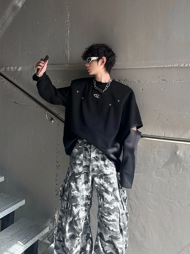 Metallic Decorative Shoulder Pad T-Shirt round Neck Long Sleeve Split Design Pure Color Youth Fashion Autumn Wear for Teens