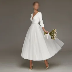 Elegant Wedding Dresses For Bride Simple Ankle Length Bridal Gown A Line 3/4 Sleeves Civil Short Engagement Party Robe Mariee