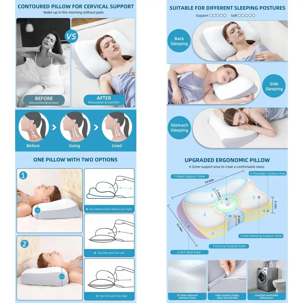

Ergonomic Cooling Memory Foam Pillow for All Sleep Positions - White/Gray