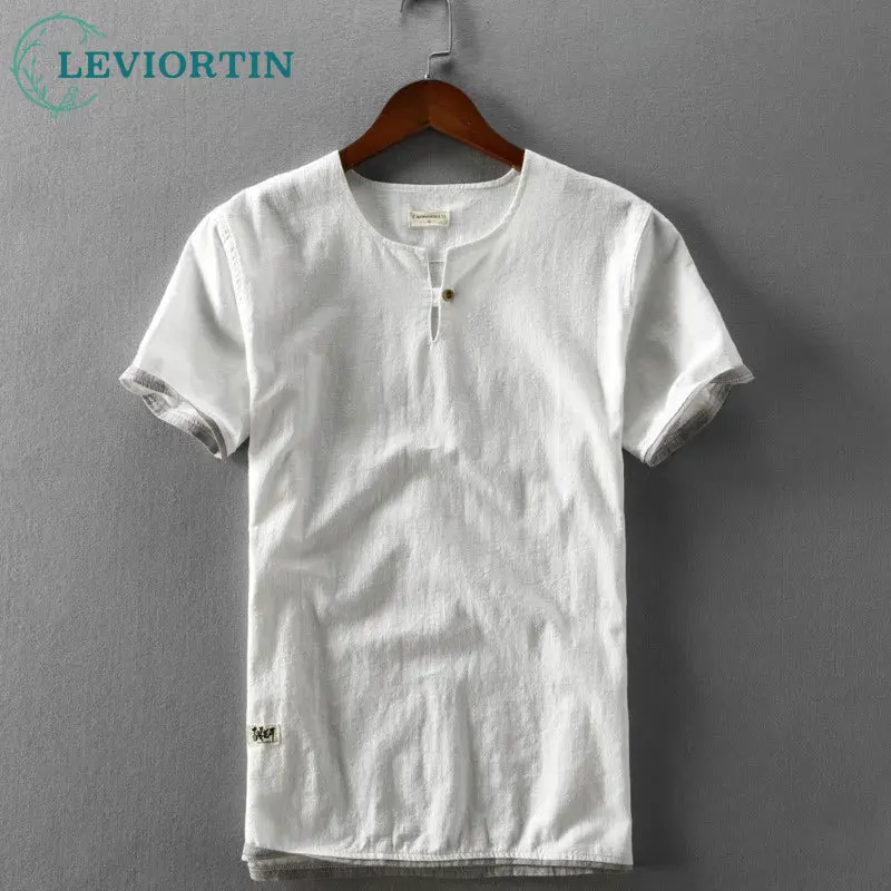 

Summer Men Cotton Linen Short Sleeve T-shirts Japanese Styles Vintage Designer Sold Color Pullover Tops Shirts Plus Size 5XL 4xl