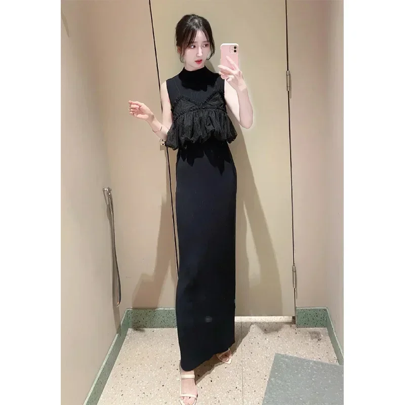 Kuzuwata Chiffon Strap Half High Collar Long Knitted Dress 2024 Autumn Japanese Sweet Elegant Two Piece Suits Femme Solid Color