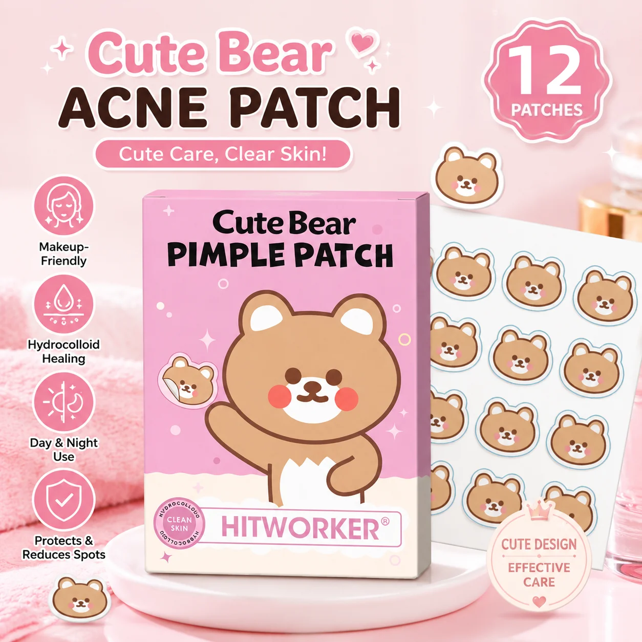 12 pieces of small bear shaped acne patches, water-based gel acne patches, ultra-thin and easy to tear