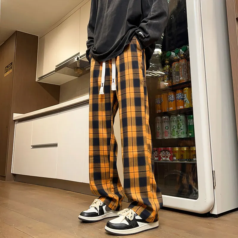 Plaid Straight Man Pants Work Wear Baggy Pants Men Streetwear Clothing Men's Work Pants Big Size 2024 Autumn New