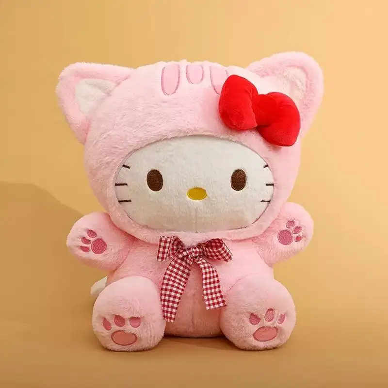 18-22CM Cute Grey Cat Hello Kitty Plush Doll Checkered Bow Kt Stuffed Toy Soft Pillow Home Room Decoration Birthday Gift