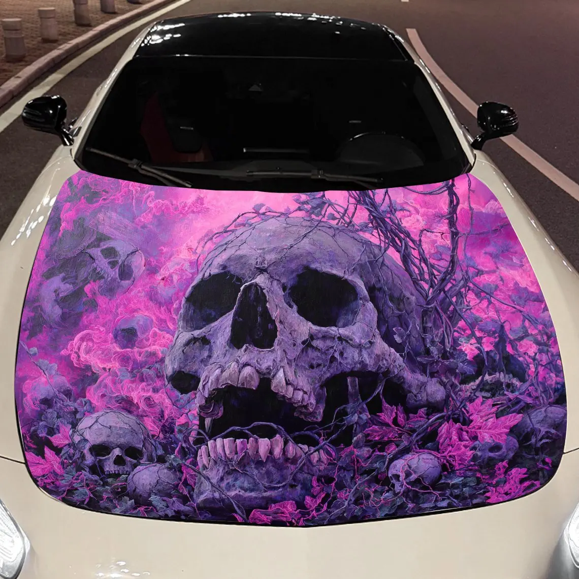 

Pink-purple skull Car hood packaging sticker, PVC material, self-adhesive waterproof, anti-slip paint, car exterior decoration a