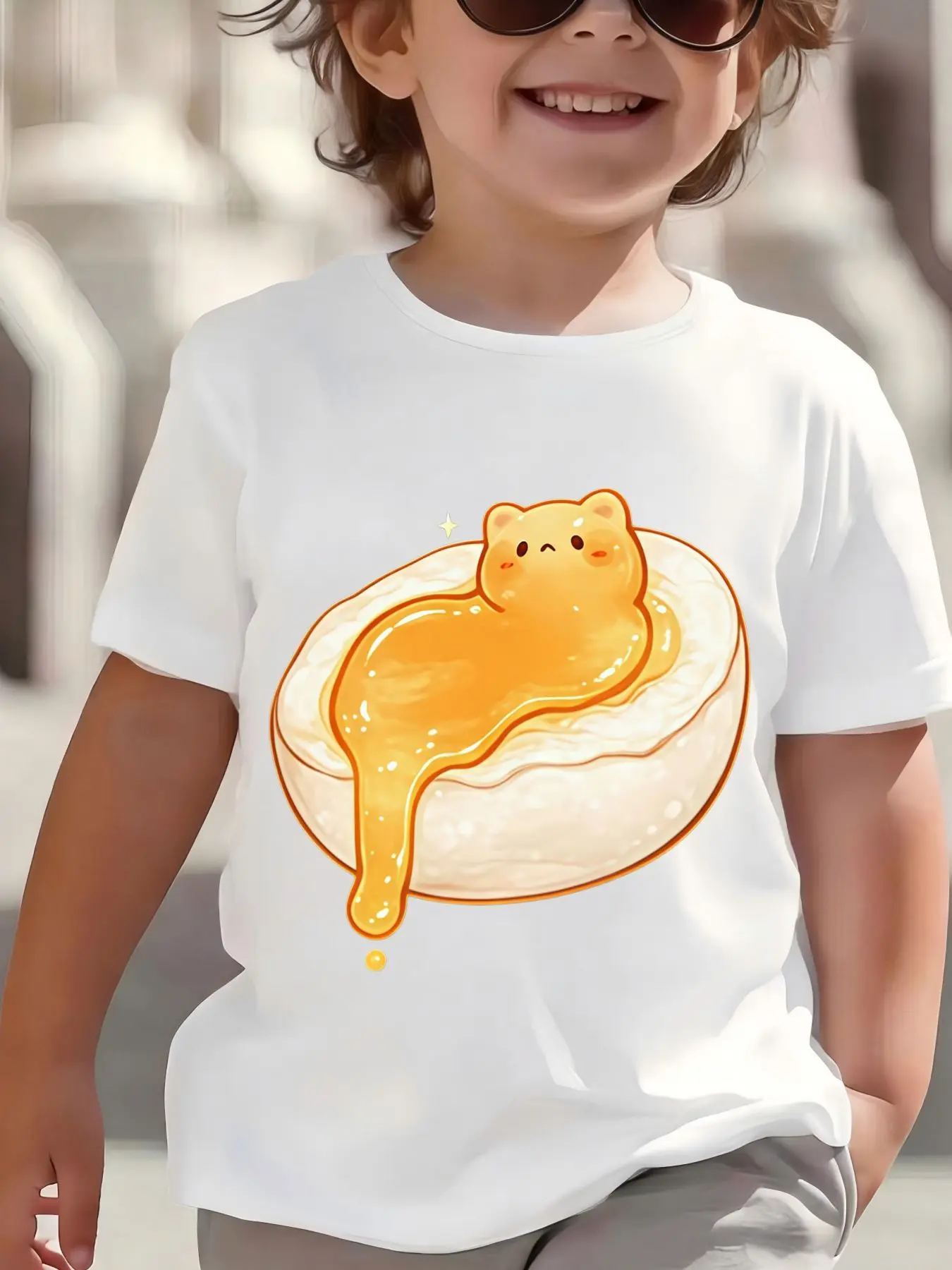 Kids Cute Honey Cat On Bread Graphic Tee Boys Girls Family Matching Short Sleeve Sweet Food Lovely Cartoon Casual Daily T Shirt