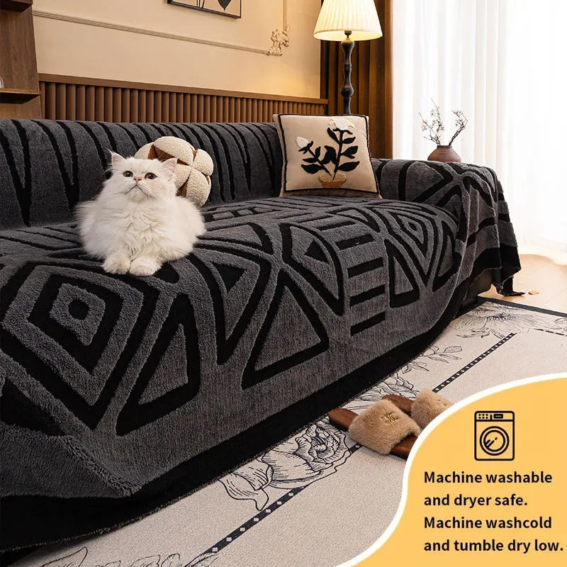 1PC-Bohemian geometric plush sofa towel, pet friendly scratch resistant and dust-proof sofa towel, soft and thick fabric