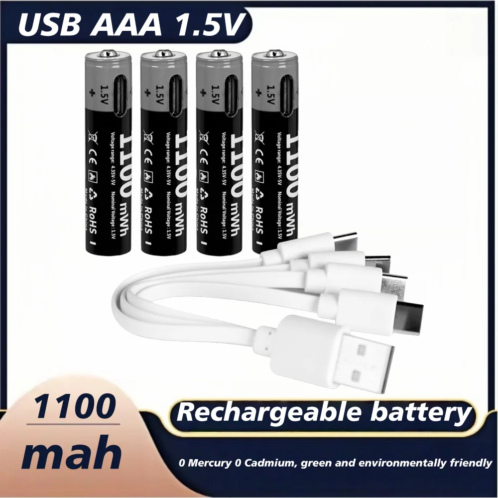 1.5V AAA USB Li-ion Rechargeable Battery Aaa 1.5V 1100mWh Lithium Batteries with 4-in-1 Cable for Toys Camera Flashlight