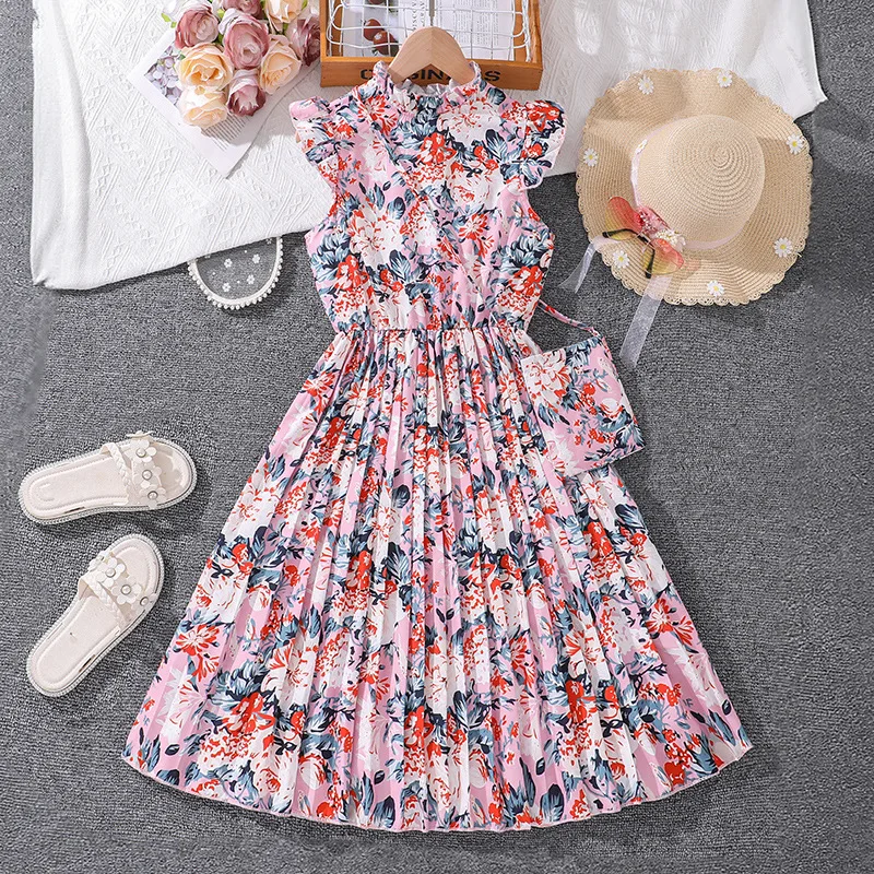 

2024 Summer New Arrival Girls Sleeveless Ruffles Print Floral Pink Roupa Infantil Menina Cute Party Dress Custume 8-12T