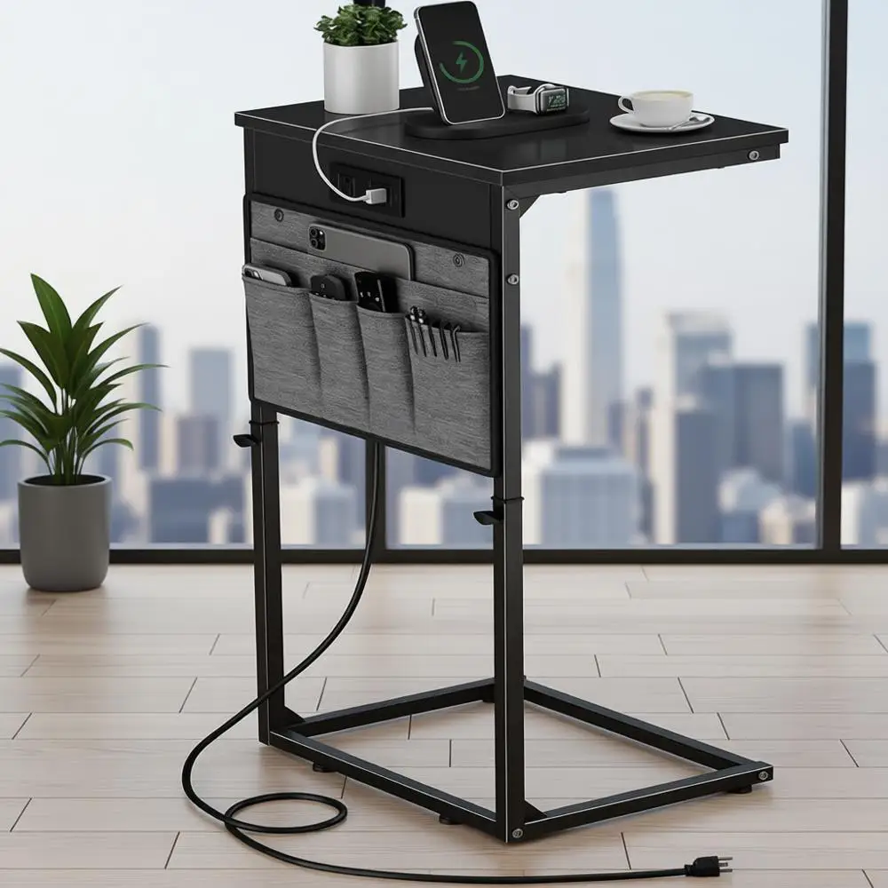 

Black Adjustable Height Couch Desk with Charging Station for Living Room and Bedroom