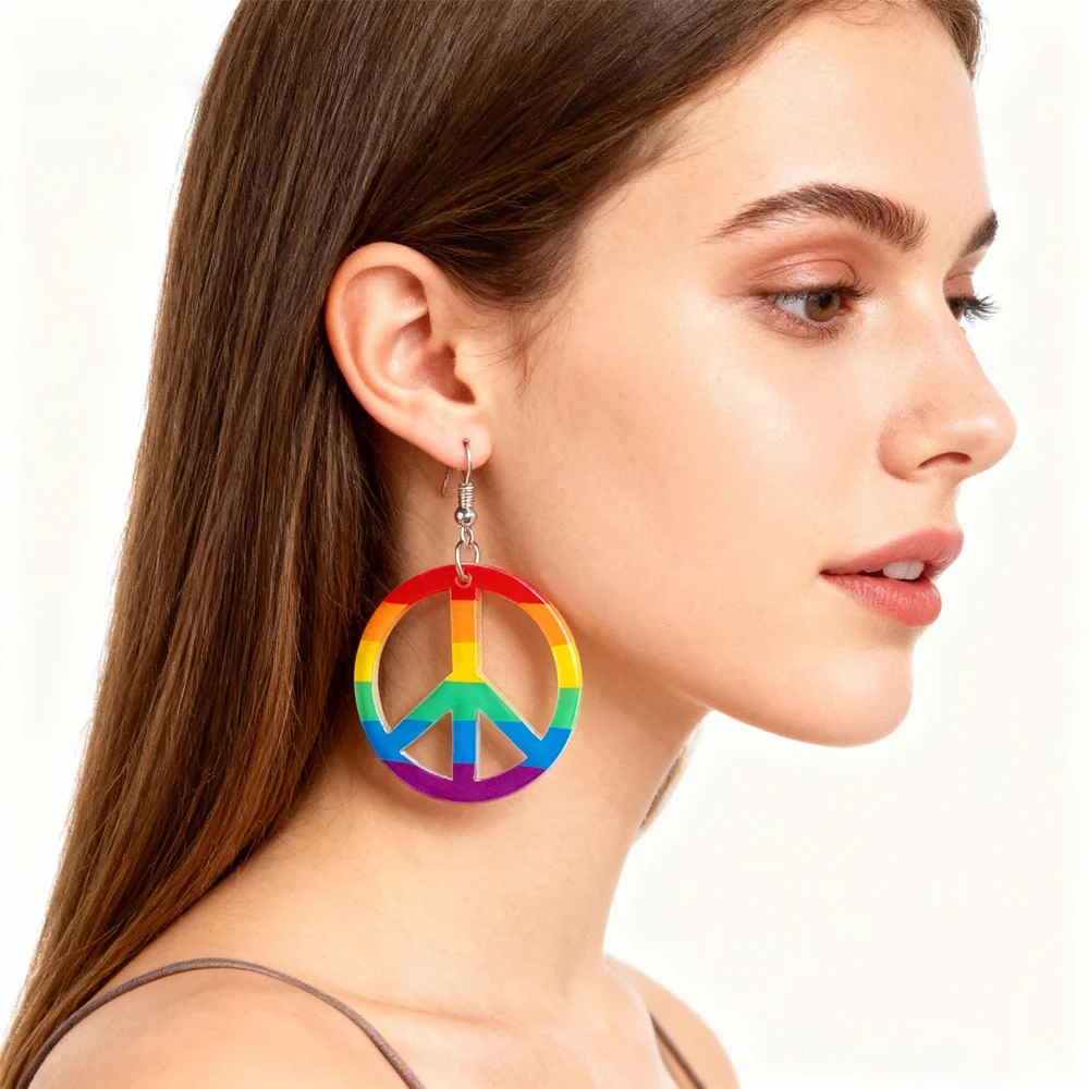 PESENAR Pendientes con signo de la paz arcoíris estilo años 60, accesorio retro vintage para fiestas de disfraces hippie