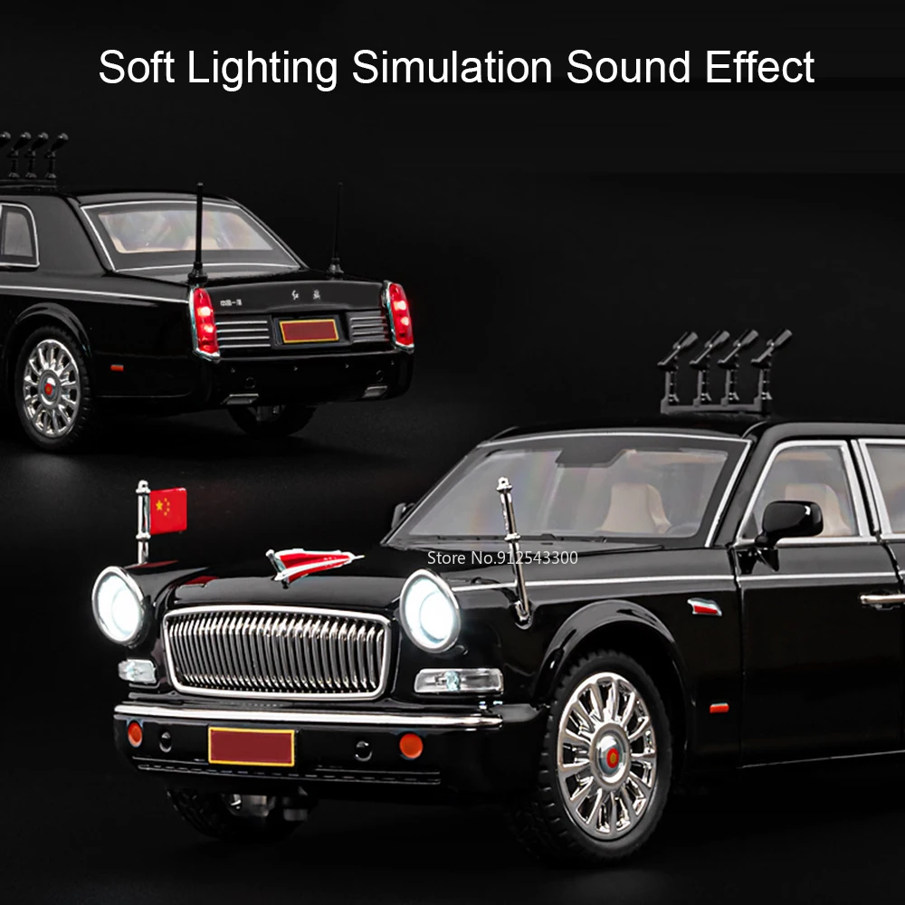 1:24 HONGQI 80th E-HS9 Car Model Toy Alloy Diecast Parade Vehicles Sound Light Pull Back Doors Opened Models Best Presents