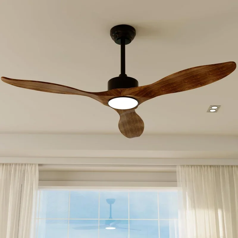 Qwceiling remote 52inch dark brown solid wood fan timing 6speeds silent DC motor 3cct LED light with memory LightIn