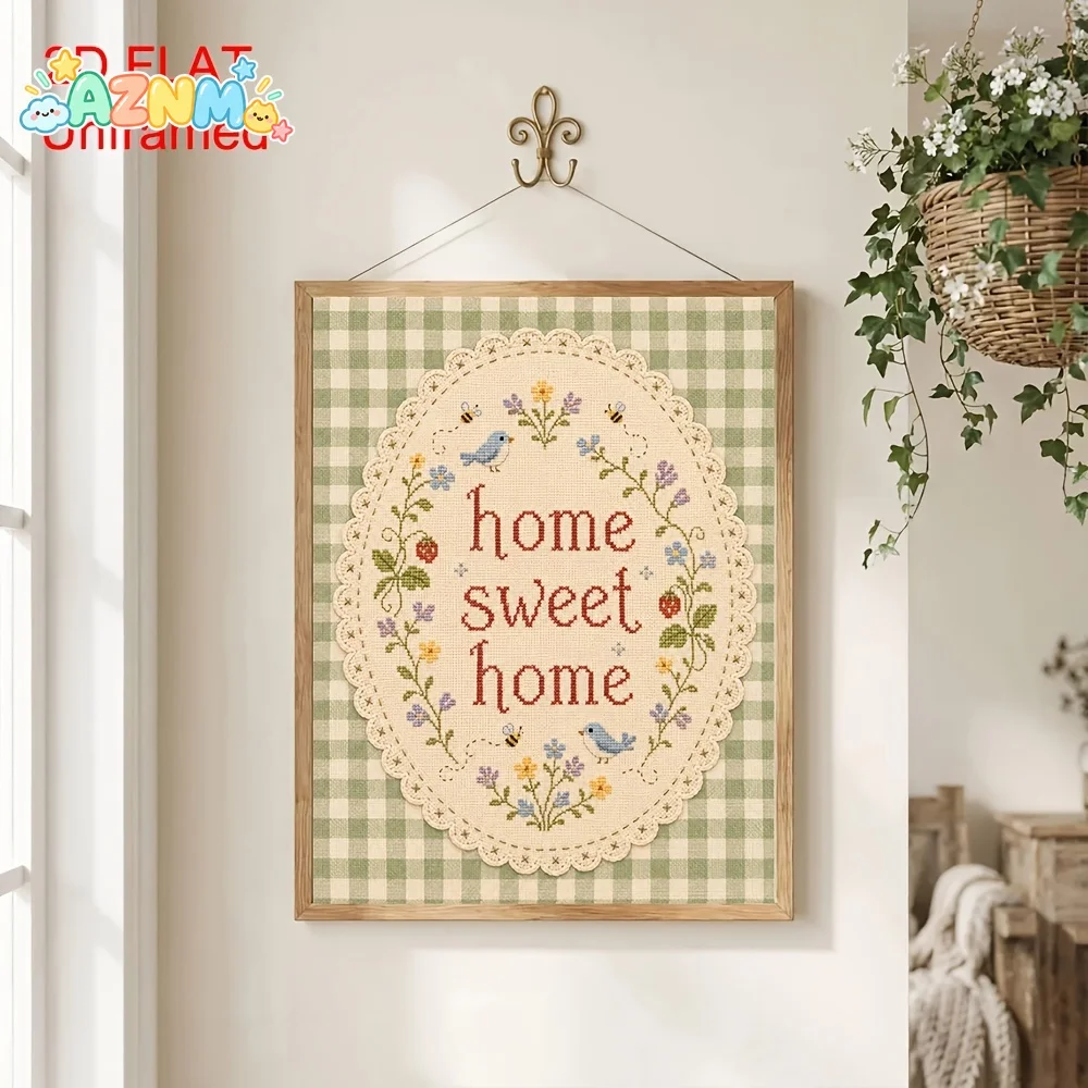 2D Flat, 2D FLAT 1pc Unframed Home Sweet Home Canvas Poster Cozy Green Gingham Floral Positive Quote Wall Art Print Entryway